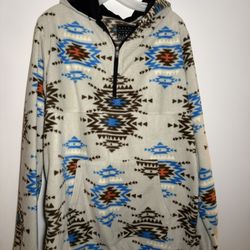 Rebels & Nomads Men XL Fleece Southwest Aztec Hooded Pullover Blue White 1/4 Zip