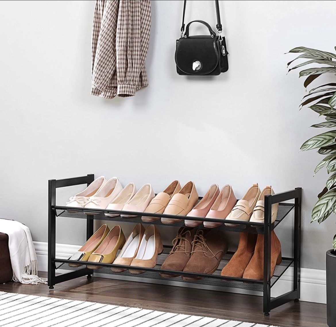 Shoe Rack, 2-Tier Stackable Shoe Storage Shelf, Metal Mesh,