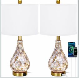Modern Coastal Table Lamps Set of 2, Natural Mother of Pearl Tiles 23.5" Bedside Lamp, for Bedroom Living Room Home Nightstand Table Lamp(with USB C+A