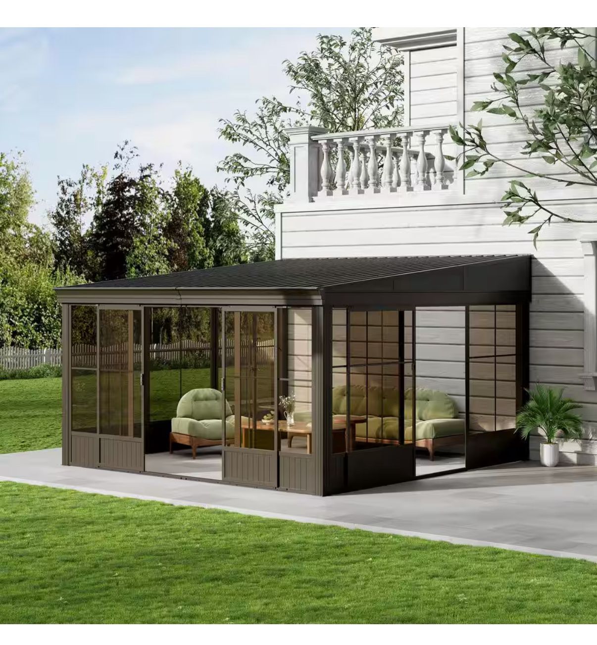 12 ft. x 14 ft. Wall-Mounted Four-Season Solarium with Sliding Glass Doors for Outdoor Living & Patio Enclosure
