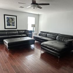 Sectional Brown Italian Leather Couch With Ottoman And End Table 