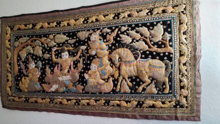 Vintage Hand-Embroiderevd Wall Hanging Thai-Burmese  Kalaga Tapestry