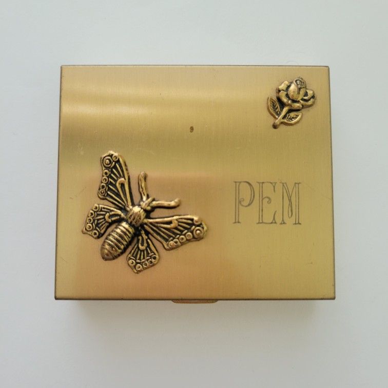 Vintage Gold Color Compact Pillbox Antique Flower Butterfly Rose Trinket 2.5x3"