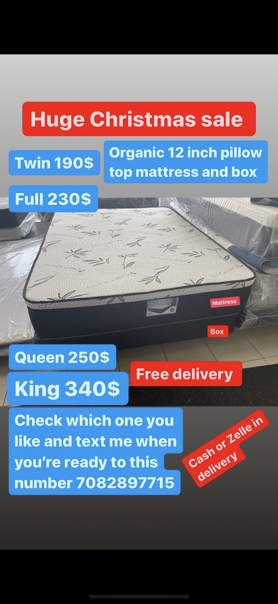 Huge sale for Mattress And Box Twin size mattress and box 150.$ full 190$ Queen 200$ king 290$. Mattress And Box and frame and headboard. King 580$ Qu