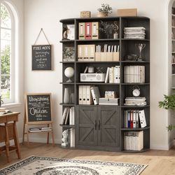 75"Tall Bookcase with Storage, 6 Tier Wooden Bookshelf with Doors for Living Room, 47"Wide Wood Display Shelves with Book Storage Cabinet for Home Off