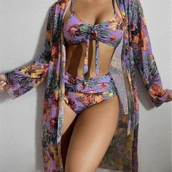 Beautiful Bikini Swimsuit With Cover Up Floral Lavender 