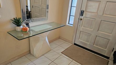 Glass Top Console Table with Stone Pedestal Base