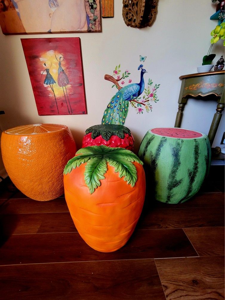 $167 EACH OR BEST OFFER FOR ALL. WATERMELON, CARROT ,STRAWBERRY , ORANGE Ceramic Outdoor Tables 18"×14" Tropical Garden Patio Pool Balcony Home Decor 