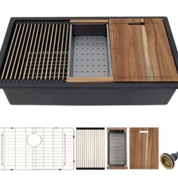 33 in. Undermount Granite Composite matte black Kitchen Sink, Workstation Quartz Single Bowl Basin with Accessories