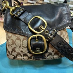 COACH BLEEKER SIGNATURE CANVAS LEATHER FLAP SHOULDER BAG