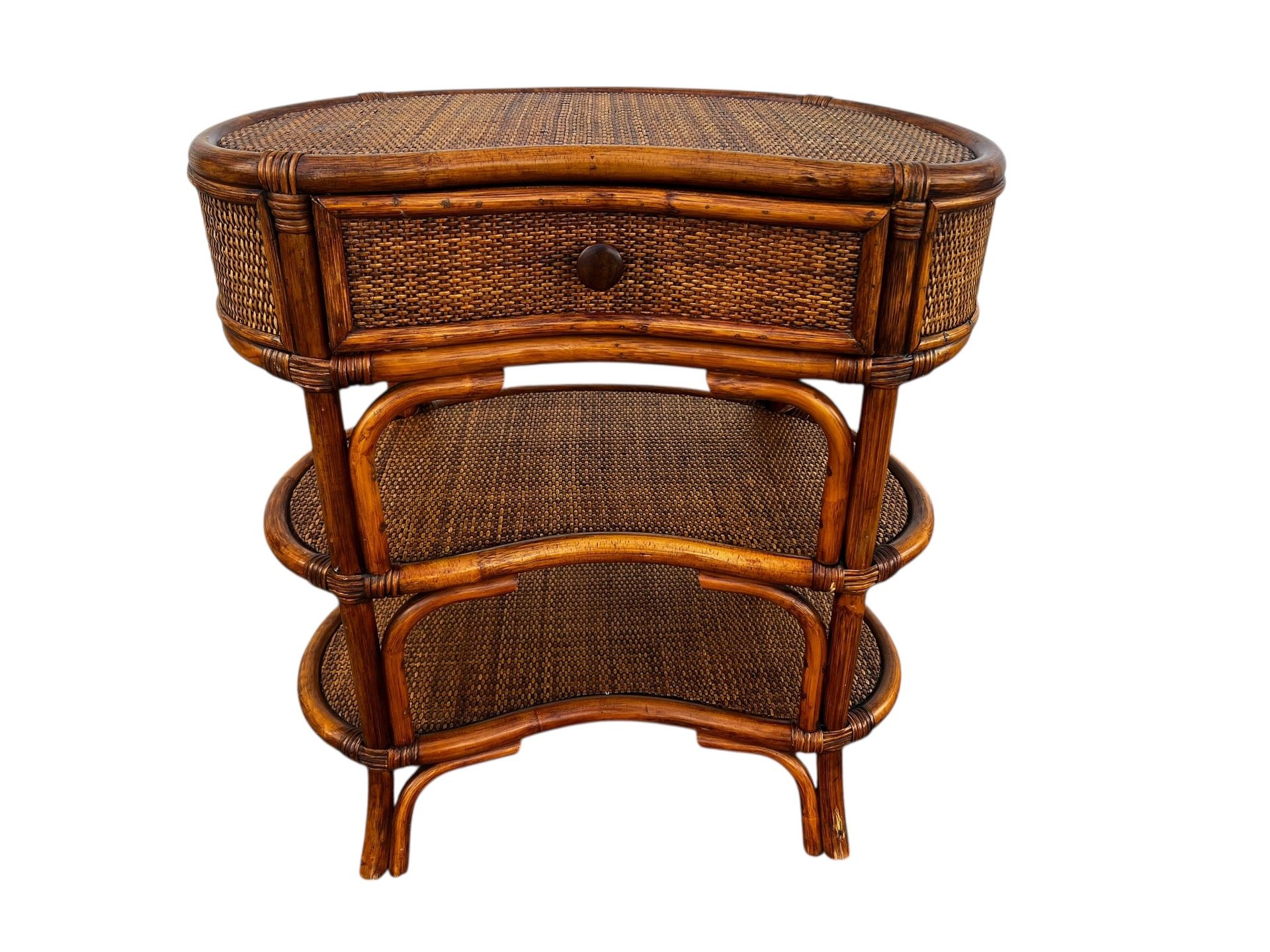 Vintage Bamboo and Rattan Asian Modern Three Tier Kidney Storage Cabinet 25x14x27in