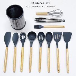 12 Piece Silicone Cooking Utensils Set, Wooden Handles with Stainless Steel Holder