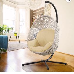 Patio Garden Wicker Porch Swing Hanging Chair for Indoor and Outdoor with C-Stand and Beige Cushion