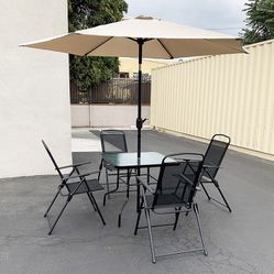 $140 (New in box) Outdoor 6pcs patio set with 32x32” table, 4pc folding chairs and 10ft tilt umbrella 