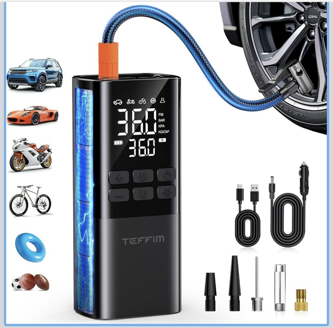 Tire Inflator Portable Air Compressor - Air Pump for Car Tires,Portable for Car with Pressure Gauge,Tire Inflator with LED Light, for Bike,Motorcycle,
