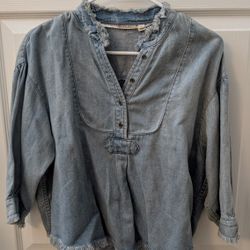 Anthropologie Holding Horses Blue Denim Frayed Fringe Popover Blouse Top Size S