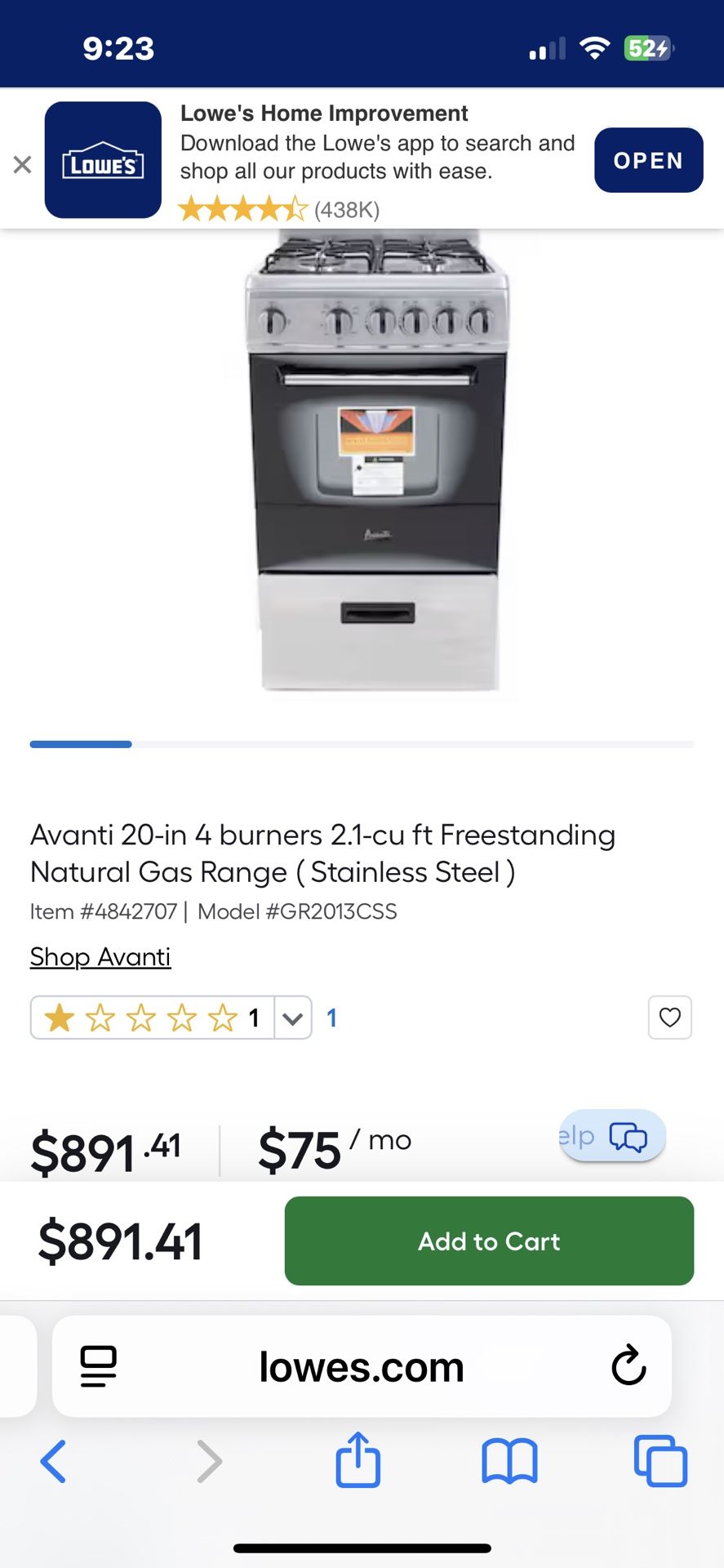 Avanti Gas Range Oven