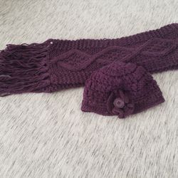 Purple Cable Knit Beanie & Scarf Set 