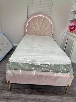 Pink Velvet Twin Bed Frame with LED Headboard