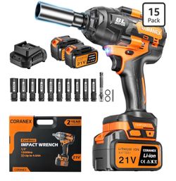 Coranex 1/2" Cordless Impact Wrench | 1300N.m (960ft-lbs) | 2x4.0Ah Batteries
