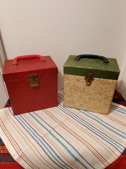 2 vintage 45 rpm hinged record boxes plus accessories