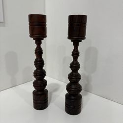 Set of 2 MCM Deco Walnut Wood Candlesticks Taper Candle Holders Hand Turned