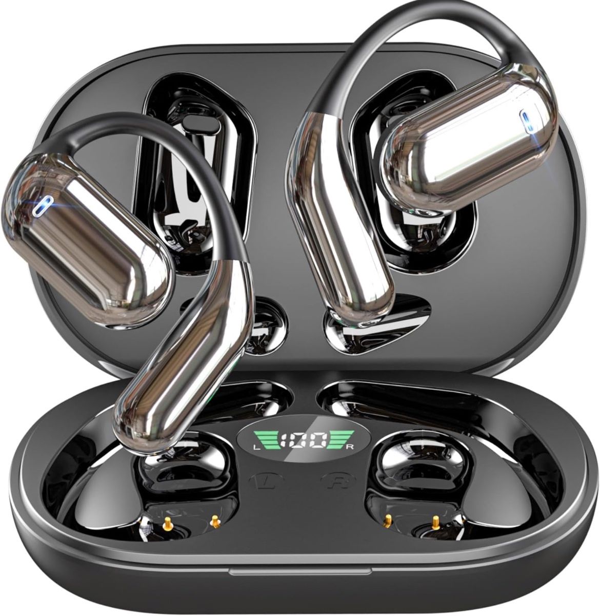 EUQQ Open Ear Bluetooth 5.4 Headphones, Wireless Earbuds Sport Over Earphones Built-in Mic with Ear Hooks 50H Playtime Ear Buds LED Display Charging C