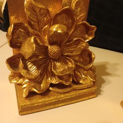 Vintage CBK LTD 1995Magnolia blossom Gold Finish Bookends. 6x5x3