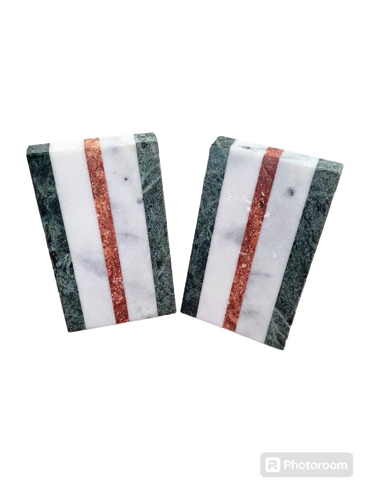 Vintage Marble Bookends Pair Wedge Slant Green, White, Brown Striped