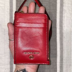 Michael Kors Scarlet Red Saffiano Leather Zip Card Holder ID Window with Strap 2025