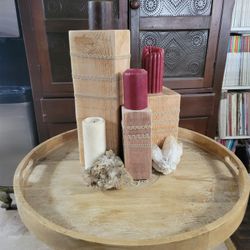 Wooden candle holders, candles and crystal décor