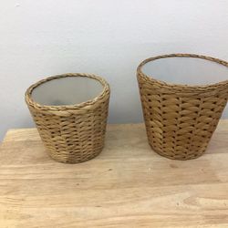 Woven Basket Plastic Decorative Plants Pots Set Of 2