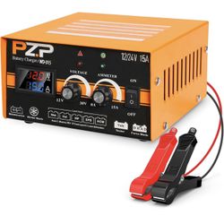 12V 24V Manual Battery Charger Maintainer, 0 to 15A Arbitrarily Adjustable Car Battery Trickle Charger, Battery Desulfator with Repair, Winter Mode, S