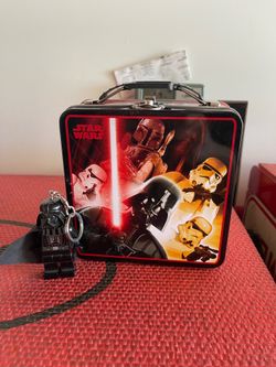 Darth Vader Lego figure keychain and Star Wars mini lunchbox.