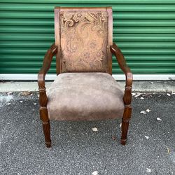 Great Large Wood Chair With Decorative Cloth Back And Suede Seat