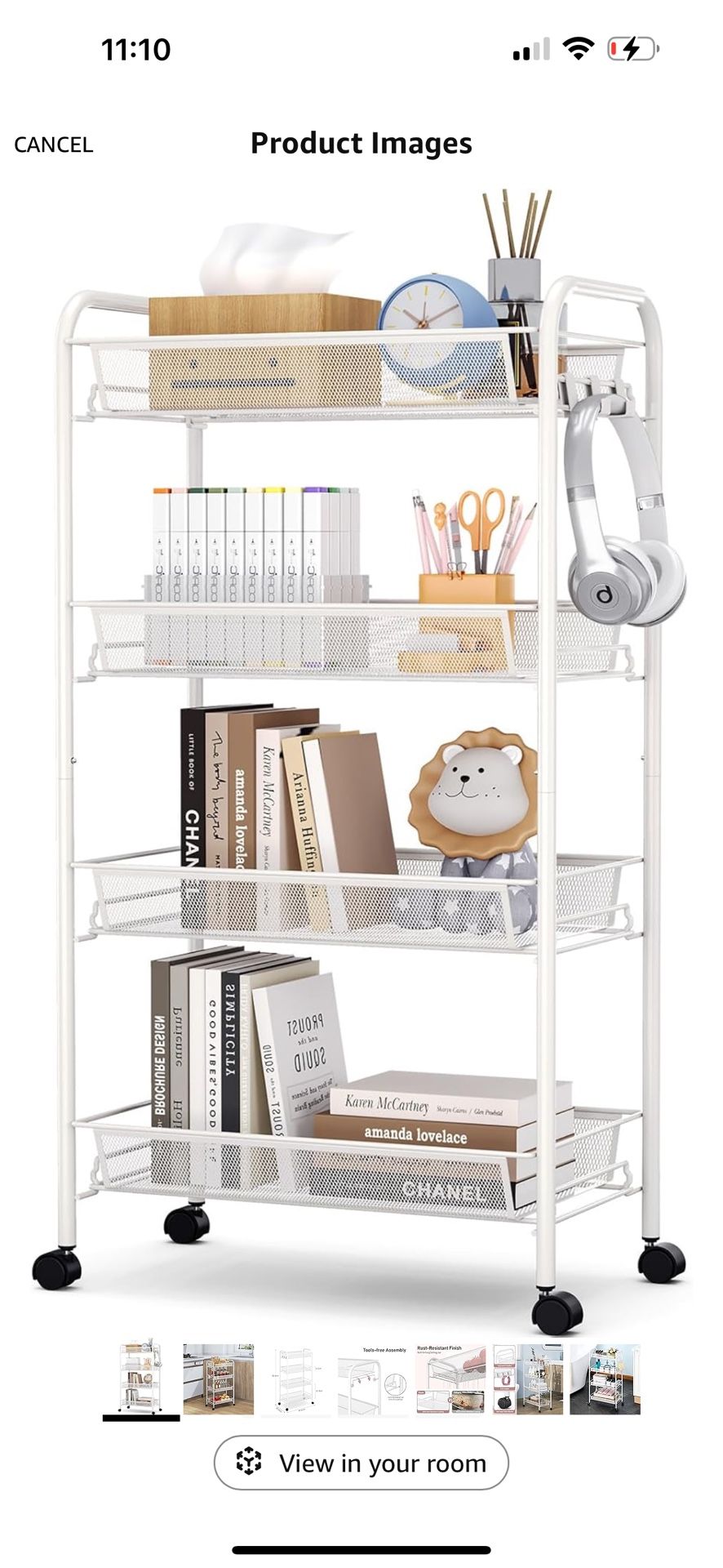 TOOLF 4-Tier Rolling Cart, Metal Utility Cart with 3 Hooks, Easy Assemble Mobile Storage Trolley On Wheels, Slide Out Shelving Units Kitchen Bathroom 
