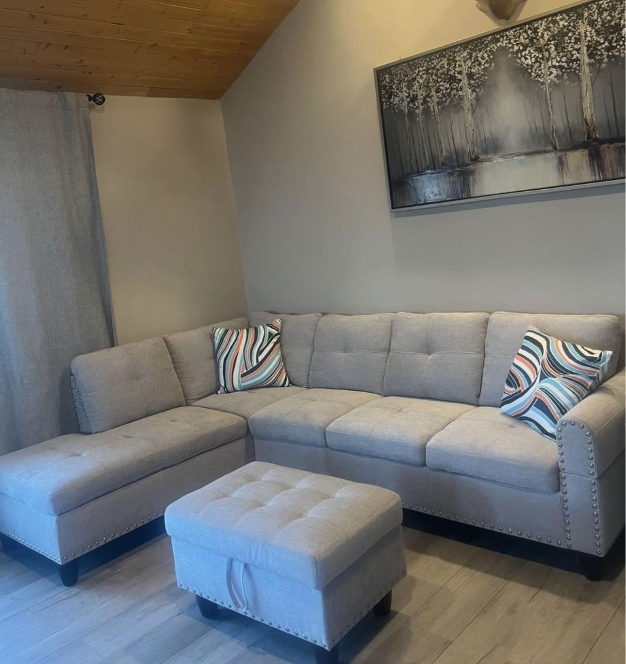 Grey Linen Sectional Couch With Drop Down Table 