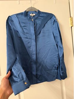 Steel Blue Satin Pleated Detail Button-Down Blouse - Size M