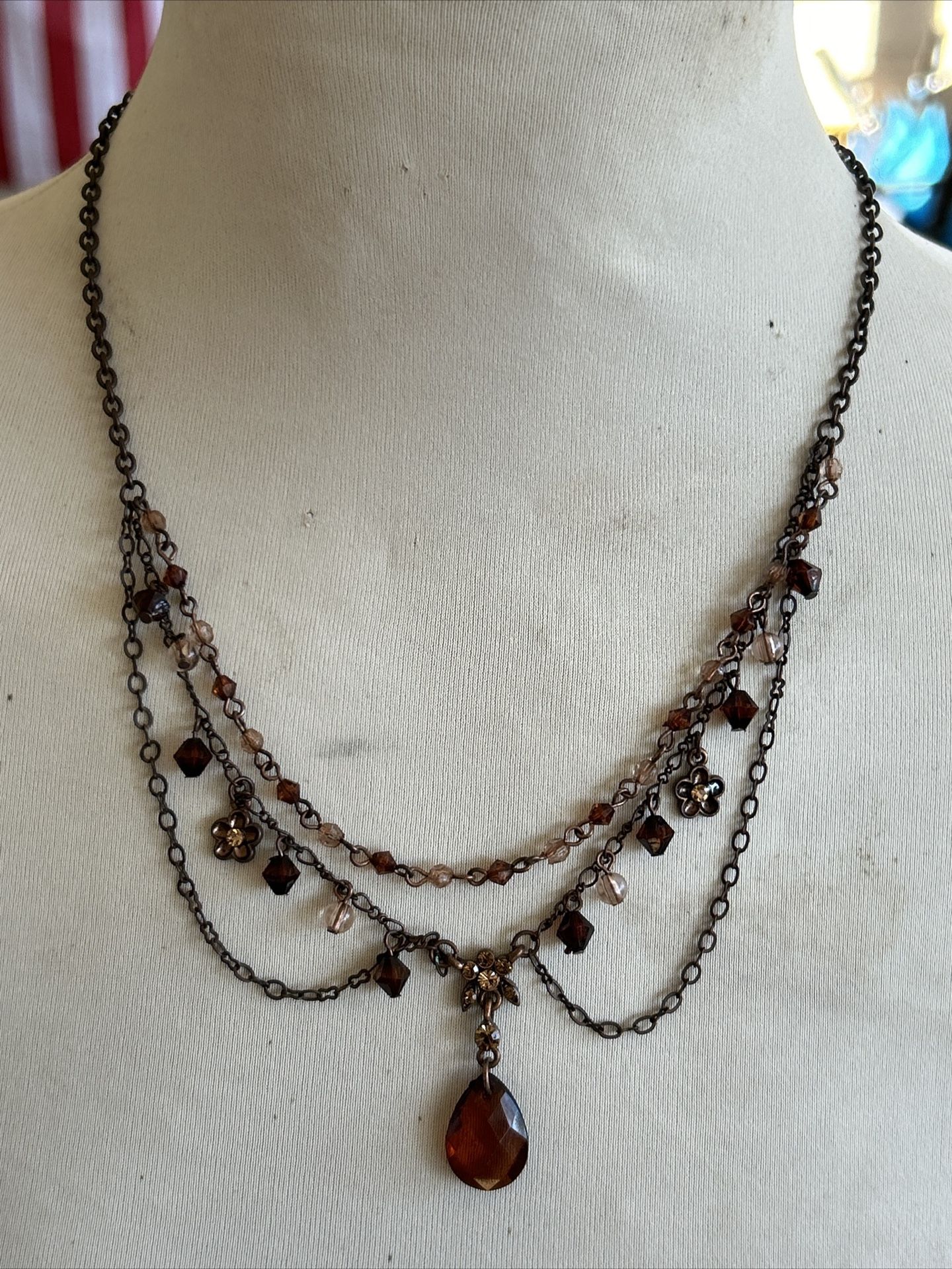 1928 Brown Multilayer Necklace W/Amber Tear Drop Glass Stone