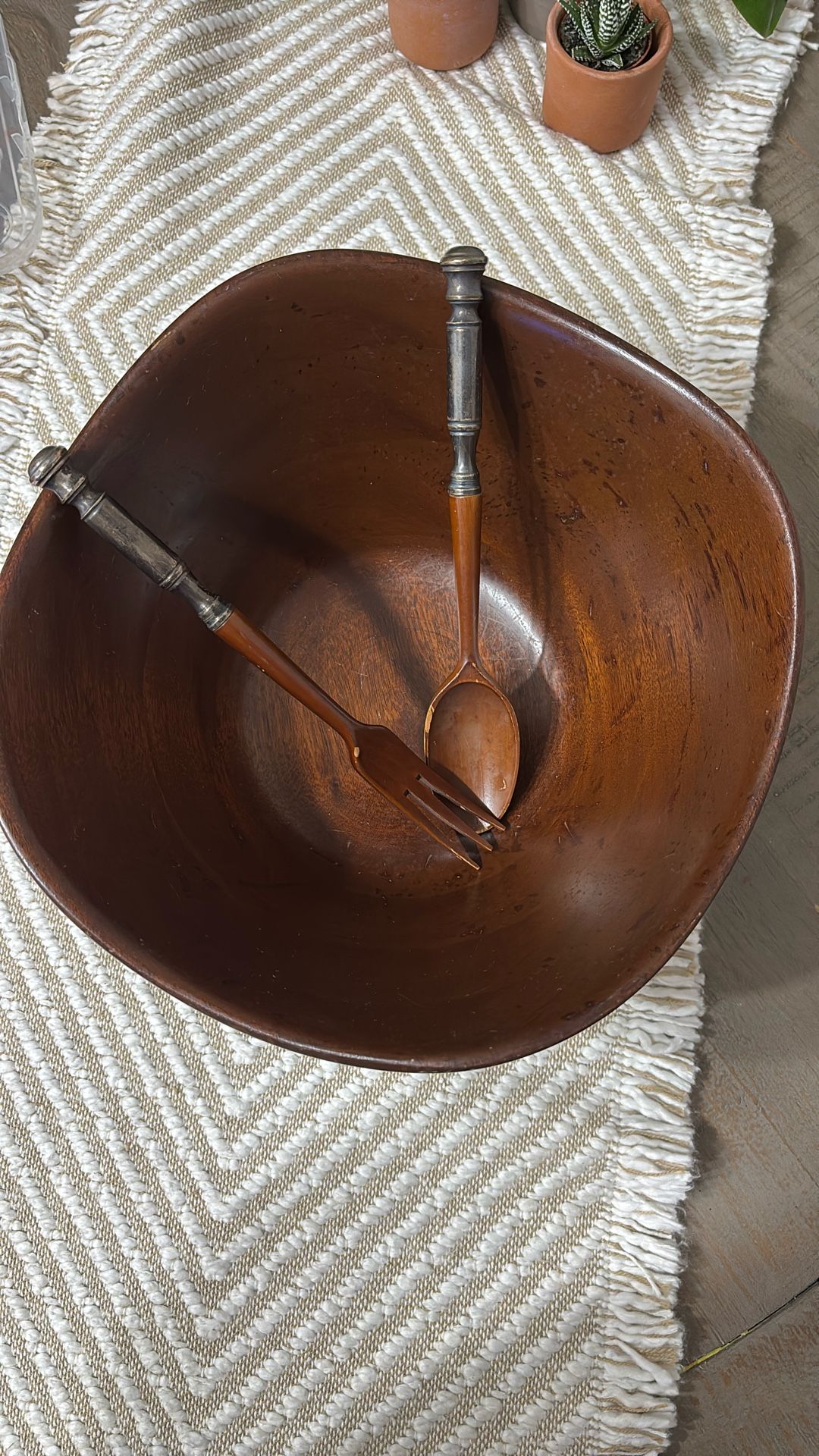 Sterling And Mahogany Wood Salad Bowl W/Utensils  