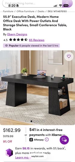 55.9” Executive Desk, Modern Home Office Desk With Power Outlets And Storage Shelves, Small Conference Table, Black
