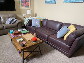 Leather Couch (Deep Burgundy) - Great Condition with Coffee and side tables