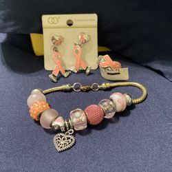 Breast Cancer Ring, Earrings and Bracelet 