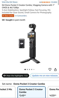 DJI Osmo Pocket 3 Creator Combo, Vlogging Camera with 1'' CMOS & 4K/120fps 3-Axis Stabilization, Spotlight Follow, Fast Focusing, Mic Included for Cle