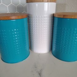 3 Beach House  MN metal Storage Container Canisters W Bamboo Lids 