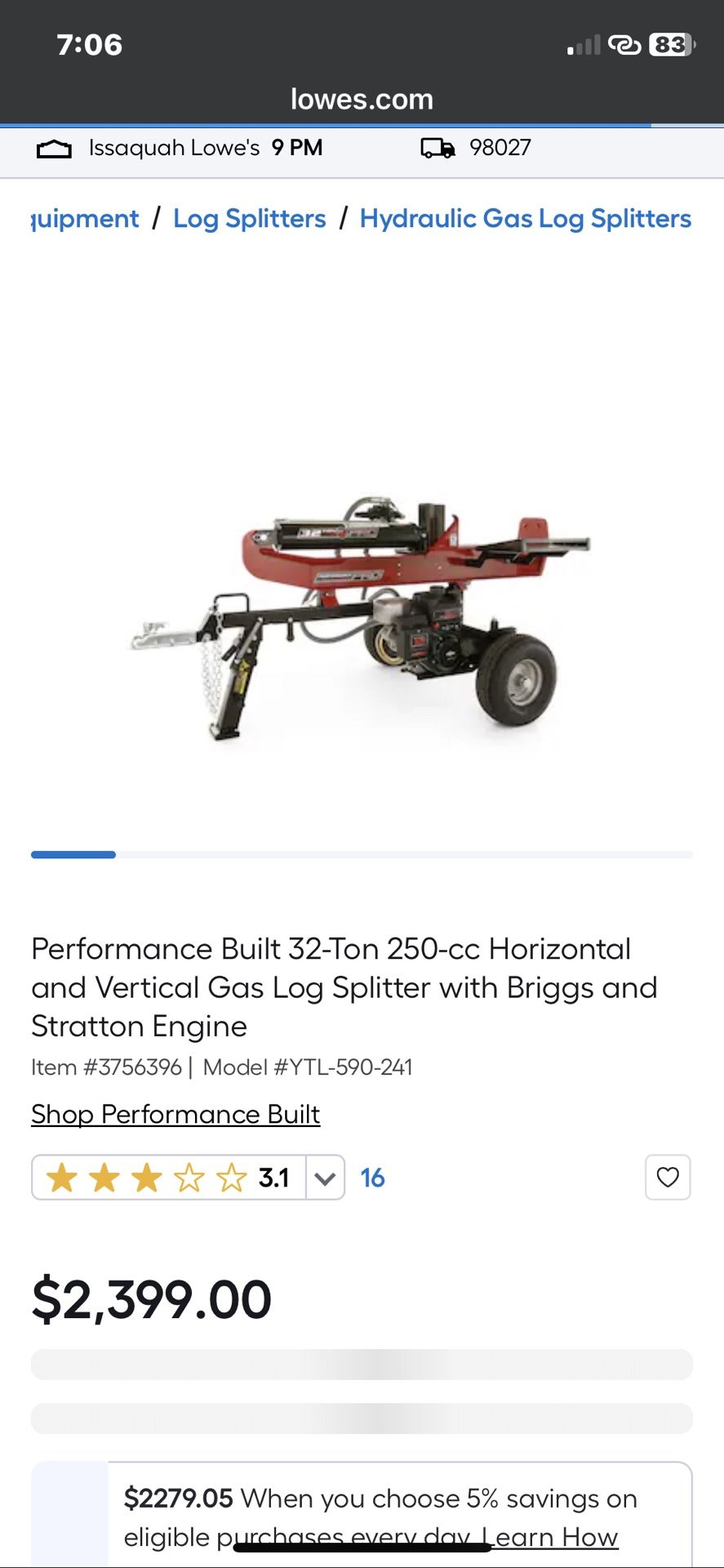 32 Ton Performance Built Gas Log Splitter
