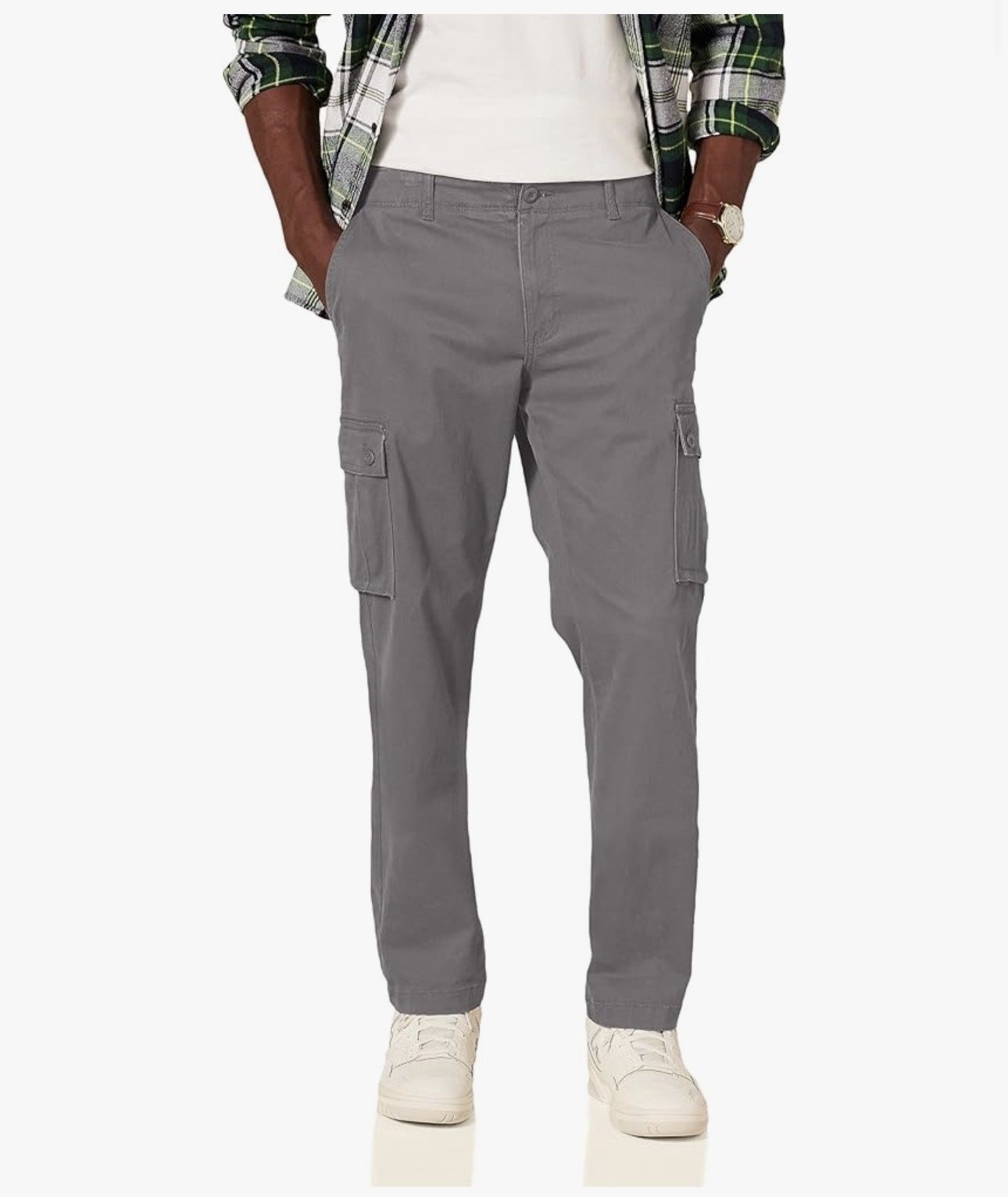 Amazon Essentials Men's Straight-Fit Stretch Cargo Pants in a dark grey cotton blend material
