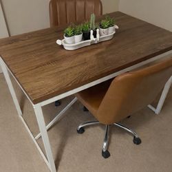 Wood Top And Metal Legs (strong) With 2 Leather Chairs- Kitchen Dinning Desk Table 45 X 30 X 30