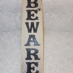Glittered Halloween Outdoor Sign BEWARE Hanging Wall Decor Spider Web 