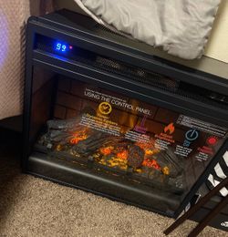 Ashley Furniture Entertainment Center with Electric Fireplace + 60” LG TV + Whirlpool Mini Fridge - Barely Used